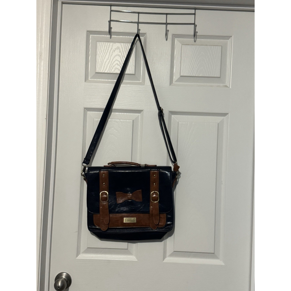 Ecosusi Woman Purse Messenger Crossbody Bag Vegan Leather two tone Blue Brown